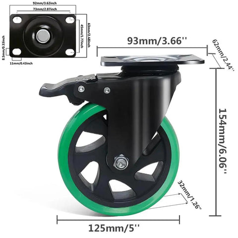 5 Inch Heavy Duty Swivel Plate Caster Wheels Set Of 4 With Brake Silent Polyurethane Castors for Furniture and Workbench