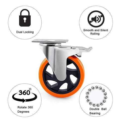 5 Inch Swivel Plate Caster with Screw Mounting, Dual Locking Brakes, Quiet Polyurethane Wheels, Heavy Duty 550 Lb Per Caster