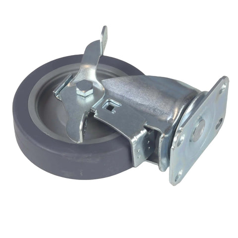 Close-up of a 5 Inch Swivel Caster Wheel with Brake, Heavy Duty Plate Polyurethane Castor, Smooth Quiet Rolling, Floor Safe Design.