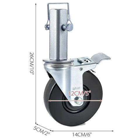 Close-up of 4 Pack 5 Inch Scaffolding Rubber Swivel Caster Wheels With Dual Locking Heavy Duty Casters 1.26 Inch Square Stem 440 Lbs Per Wheel 360 Degree Rotation Non Marking Quiet Rolling For Carts Benches And Workstations, showing dimensions.
