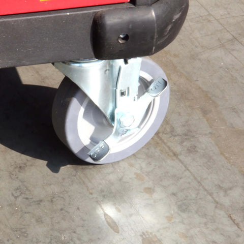 5 Inch Swivel Caster Wheels Set of 4 with Brakes, showing one heavy duty plate caster with polyurethane wheel and metal mount