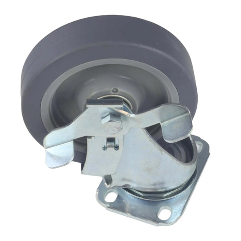 5 Inch Swivel Caster Wheels Set of 4 with Brakes, Heavy Duty Plate Caster showing polyurethane wheel and mounted brake mechanism.