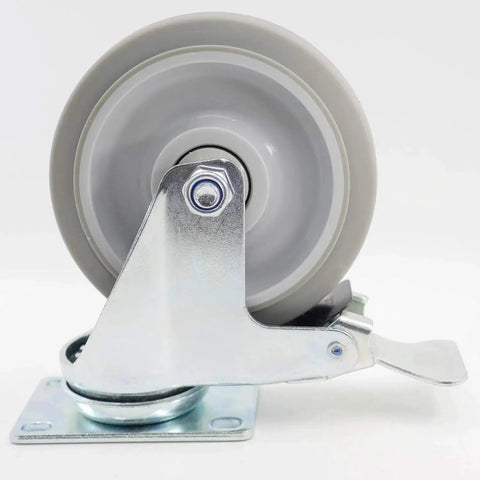 Side view of Pack Of 4 5 Inch Swivel Caster Wheels With Dual Locking Brakes In Gray TPR Rubber, metal housing, top plate mounted.