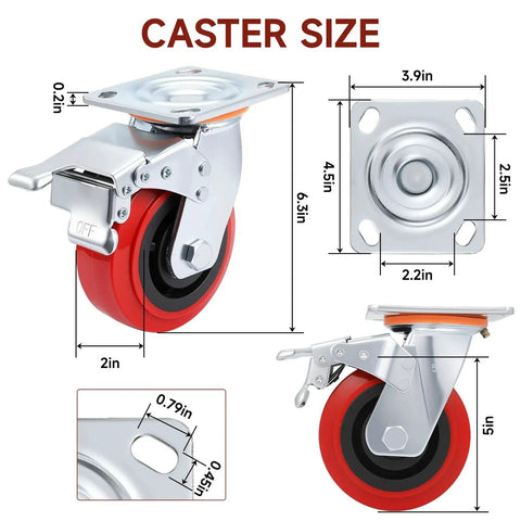 Heavy Duty 5 Inch Caster Wheels Set Of 4 With Polyurethane Surface TPE Casters And Swivel Brake Plate size dimensions