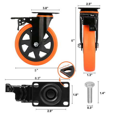 5 inch heavy duty plate caster wheels set of 4 with dual locking brakes silent rubber wheels rated 2400 lb total high strength steel dimensions