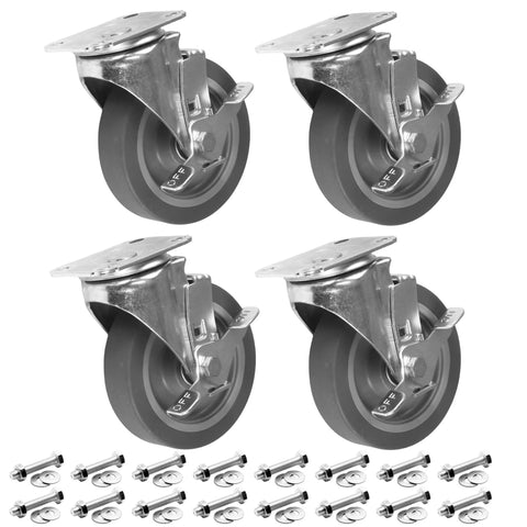 5 Inch Swivel Caster Wheels Set of 4 with Brakes, Heavy Duty Plate Casters, Polyurethane Wheels, 1120 LBS Total Load, with hardware