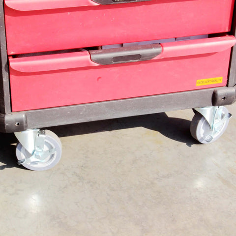 5 Inch Swivel Caster Wheels Set of 4 with Brakes, Heavy Duty Plate Polyurethane Castor Wheels installed on a red cart