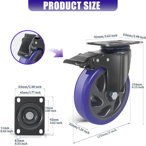 5 Inch Heavy Duty Caster Wheels Set of 4 with Brake, detailed product size specifications shown