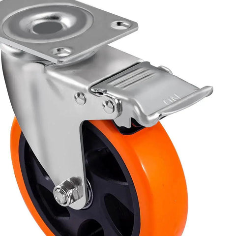 Close-up of 5 Inch Swivel Plate Casters With Screw Mounting Dual Locking Brakes And Quiet Polyurethane Wheels Heavy Duty 550 Lb Per Caster
