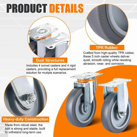 5 Inch Heavy Duty Caster Wheels Replacement Kit, 8 Pcs TPR Rubber Silent Casters with 4 Swivel and 4 Rigid Wheels