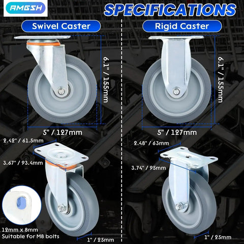 Image showing Eight Pack 5 Inch Caster Wheel Set With Four Swivel And Four Rigid TPU Casters Heavy Duty Replacement Wheels For Furniture And Cart.