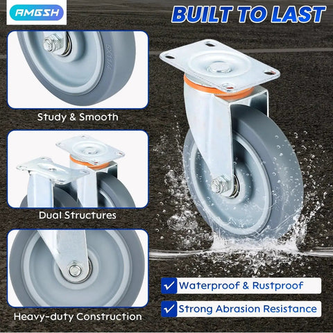 Close-up view of Eight Pack 5 Inch Caster Wheel Set With Four Swivel And Four Rigid TPU Casters showing heavy-duty construction.