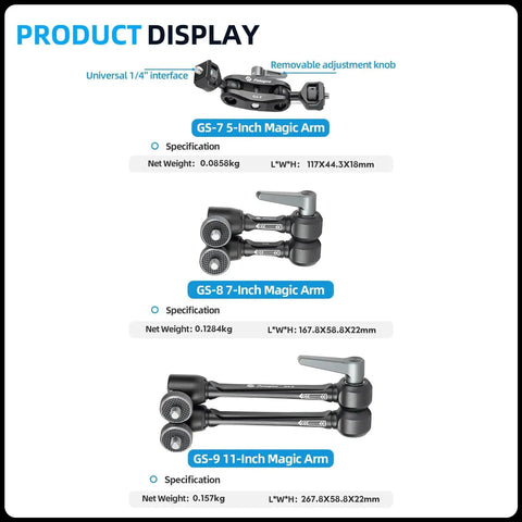 Comparison display of three magic arms: GS-7 5-Inch, GS-8 7-Inch, and GS-9 11-Inch, highlighting compact design and specifications.