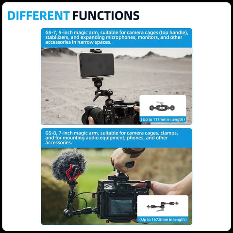 5 Inch Universal Magic Arm With Double Ball Head 360 Degree Rotation Supports One Quarter Inch Threads attached to camera and phone mount.