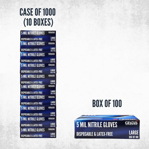 Case and box view of 5 Mil Nitrile Gloves XL Box of 100 Latex Free Mechanic Cleaning Gloves, showing package quantity.