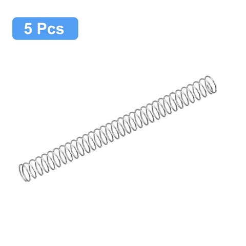 Five Pack 304 Stainless Steel Compression Springs, 4mm Outer Diameter, 0.2mm Wire, 50mm Free Length, Silver Tone, Even Spacing, High Elasticity