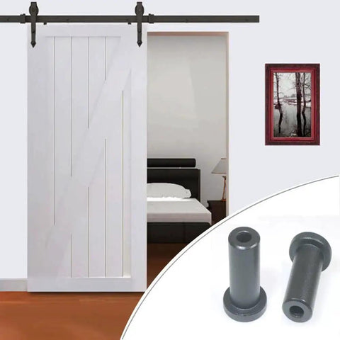 Close-up of 5 Pack 2 Inch Barn Door Spacers for Sliding Barn Door Hardware, solid cast iron with black powder finish, installed view.