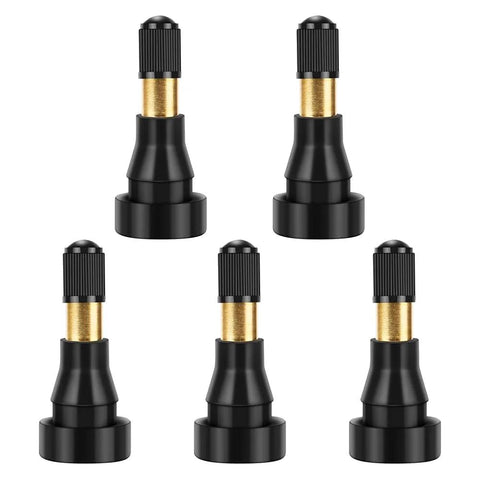 Five Riseuvo TR600 high-pressure tire valve stems; black rubber bodies with gold metal cores, fits 0.453 in rim holes for trucks, trailers, cars.