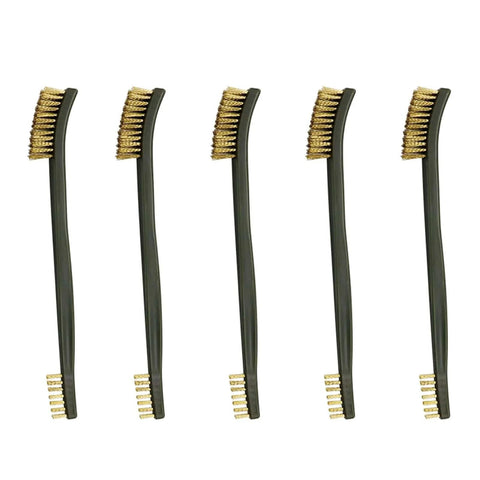 5-Piece Brass Wire Brush Set featuring small brass wire brushes for cleaning and rust removal, arranged in a row