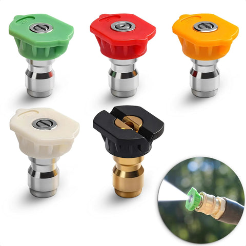 5-pack pressure washer nozzle tips, color-coded stainless steel, 1/4-inch quick-connect, 0°–65° spray angles