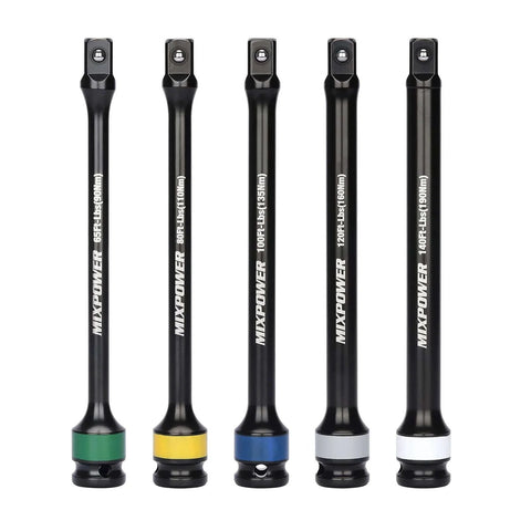 5 Piece 1/2" Drive Torque Limiting Socket Extension Bars, CR-MO, 8 Inch Long, Impact Grade Bars - Color Coded for Easy Identification, 65 to 140 Ft-Lbs, Impact Torque Limiter Set displayed upright