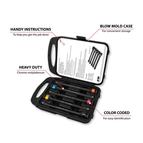 Open blow mold case with 5-Piece Torque Limiting Extension Set, chrome-moly extensions, color-coded for easy identification.