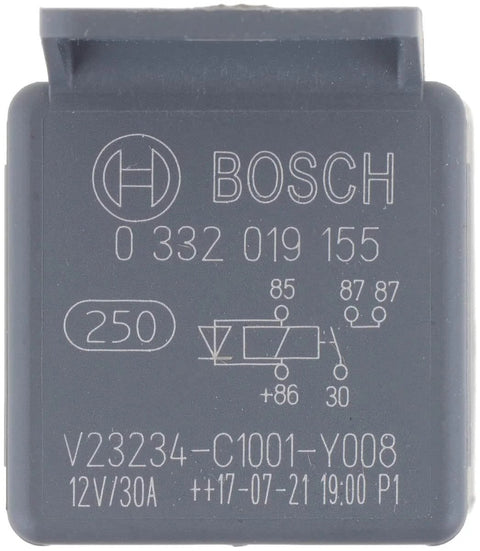 Normal Open Mini Relay 5 Pin 12V DC 30A Compact High Current Automotive Relay with grey housing and printed specifications.