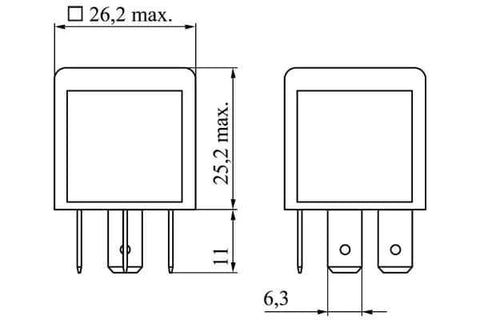 Technical drawing of a Changeover Mini Relay 5 Pin 12V 40To60A Single Pole Auto Electrical Relay with dimensions shown.