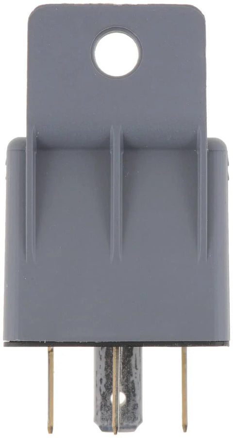 Front view of Normal Open Mini Relay 5 Pin 12V DC 30A Compact High Current Automotive Relay with grey housing and bracket.