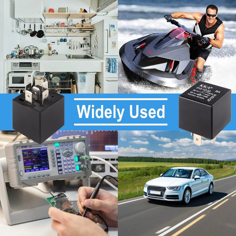 Collage showing 4 Pack 5 Pin 40A Waterproof 12V Car Relays in various applications like automotive, marine, and electronics.