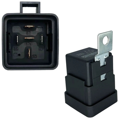 Front and side view of the Beefy 12V DC 80/60 Amp Waterproof Automotive Relay with Pigtail, 5 Pin SPDT, for cars and boats.