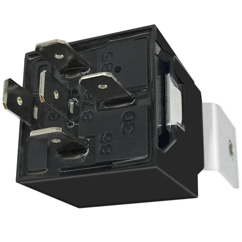 Close-up of 12V 40A/30A 5-Pin SPDT Automotive Relay Kit showing 5-prong connections and mounting bracket, for power trim and tilt.