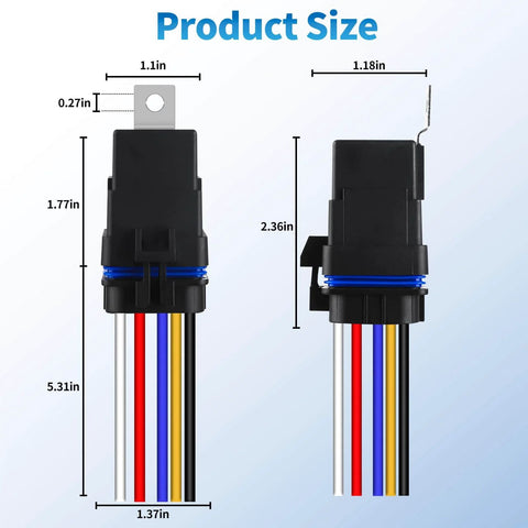 5 Pin Waterproof Relay Kit 40 30 Amp 12V SPDT Relay With Harness showing size dimensions and colorful wires in black casing.