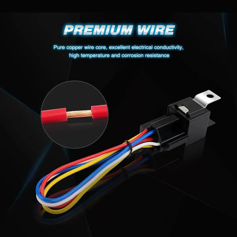 Close-up of interlocking 5 pin SPDT relay socket with wiring harness for 12V automotive, shows copper wire for LED bars, 5-pack.
