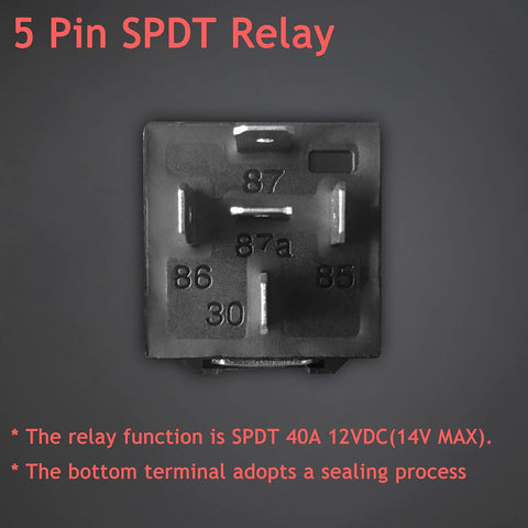 Heavy Duty Two Pack 12V Relay Kit With 5 Pin SPDT And Harness, showing close-up of a 5 pin SPDT relay marked with numbers.