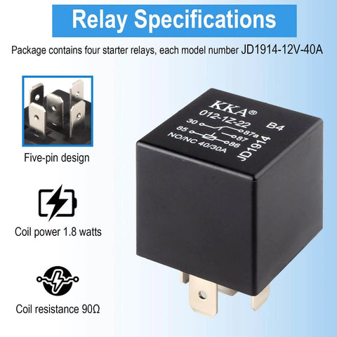 4 Pack 5 Pin 40A Waterproof 12V Car Relays For Electric Cooling Fans Motor Starters And Taillights All Weather Heavy Duty Auto Relay Kit With PA66 Housing And Copper Windings For Reliable Long Lasting Performance, featuring a five-pin design and coil specifications.
