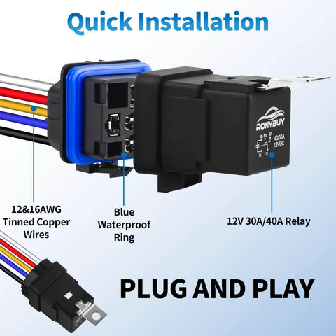 5 Pin Waterproof Relay Kit 40 30 Amp 12V SPDT Relay With Harness, shown with blue waterproof ring and tinned copper wires.