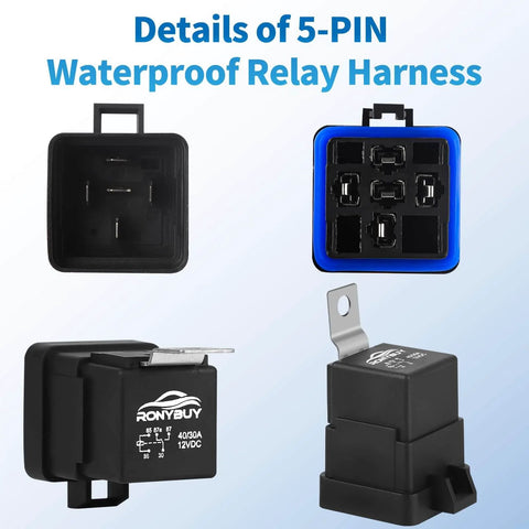 5 Pin Waterproof Relay Kit 40 30 Amp 12V SPDT Relay With Harness, showing detailed views and connections, pack of 2.