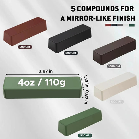 Five color coded 4oz polishing bars deliver a complete finishing workflow with progressive grits for metals and glass