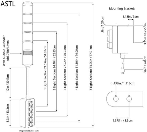 Diagram of Five Stack LED Andon Tower Light with 8 foot industrial power cord and mounting bracket dimensions.