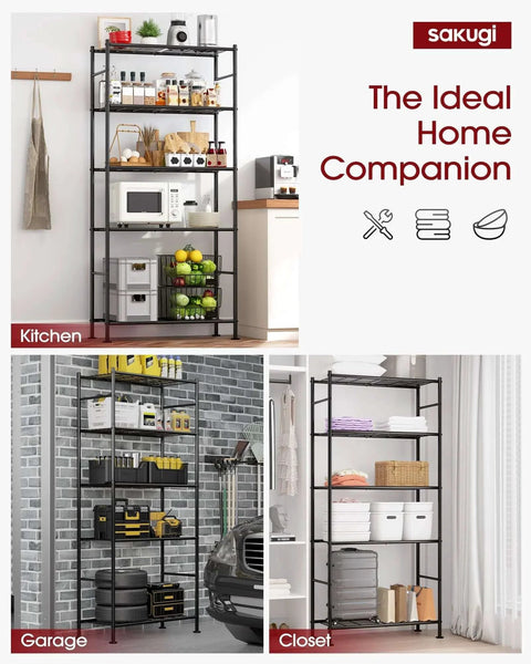 5-Tier Heavy-Duty Wire Shelving Unit With Leveling Feet Garage Pantry Kitchen Closet Storage 1000 Lb Capacity organized in various rooms