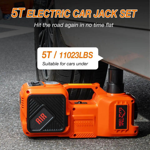 5-Ton Electric Car Jack Kit with Hydraulic Lift under vehicle, orange design, suitable for sedans, SUVs, trucks