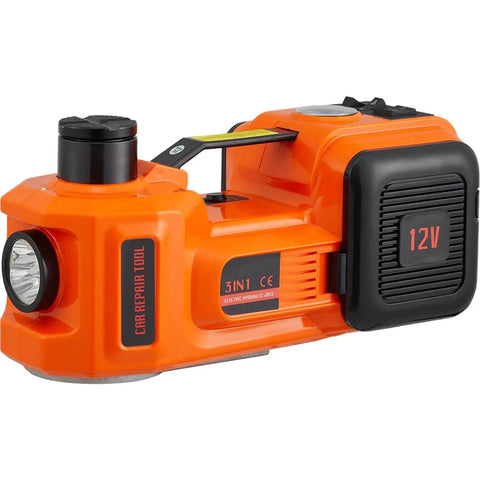 5 Ton Electric Car Jack With Built In Inflator Pump And LED Light For Cars SUVs And Trucks Hydraulic Lift 6.1 To 17.7 Inches Heavy Duty Lifting Kit For Roadside Breakdowns And Home Garage, orange casing, 12V, side view