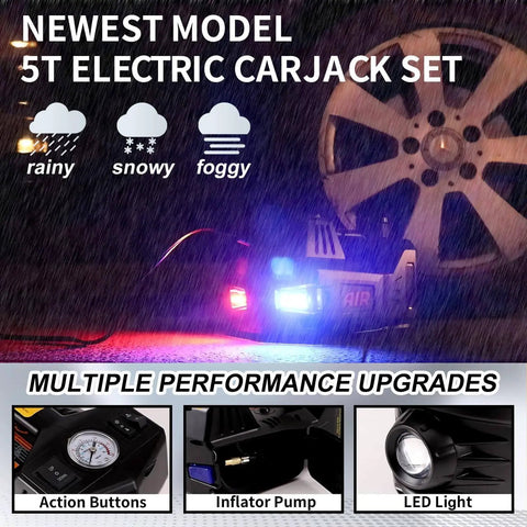 5 Ton Electric Hydraulic Car Jack Kit With Seventeen Point Seven Inch Lift Portable 12V Floor Jack Includes Impact Wrench Tire Inflator Pump And LED Work Light For SUVs Sedans Trucks Built For Quick Tire Changes And Repairs in use during rainy weather