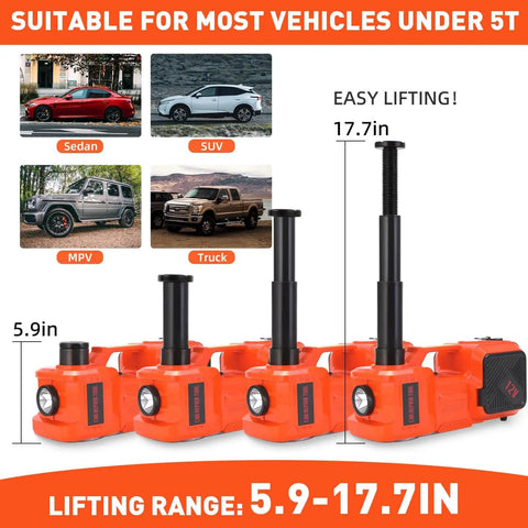 All In One 5 Ton Electric Car Jack Set With Integrated Tire Pump And Impact Wrench By Trihelper, shown lifting to 17.7 inches