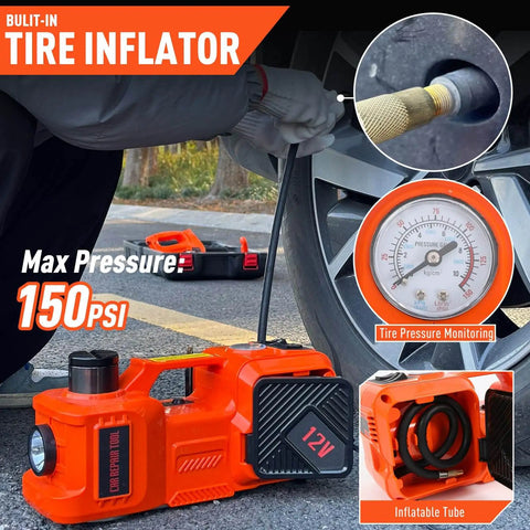 All In One 5 Ton Electric Car Jack Set With Integrated Tire Pump And Impact Wrench By Trihelper shown inflating a tire.