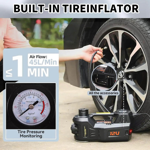 5 Ton Electric Hydraulic Car Jack Kit With Seventeen Point Seven Inch Lift Portable 12V Floor Jack Includes Impact Wrench Tire Inflator Pump And LED Work Light For SUVs Sedans Trucks Built For Quick Tire Changes And Repairs; tire inflator in use