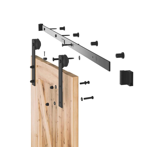 Exploded view of 5.5ft Barn Door Hardware Kit with I shape hanger, heavy duty sliding door track made from carbon steel, smooth nylon rollers