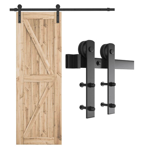 5.5ft Barn Door Hardware Kit with I shape hanger, carbon steel track, nylon rollers, installed on wooden sliding door