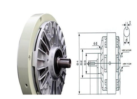 Magnetic Particle Brake 50 Nm 5 Kg Industrial Torque Brake with engineering schematic and side view of the device.